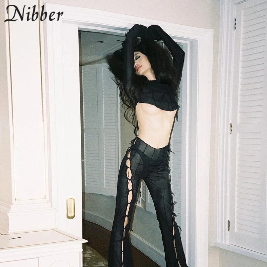 Nibber Y2k Harajuku Pure Color Flare Pants Women Summer Sexy Tulle Perspectivity Hollow Out Bandage Fashion Streetwear 2022