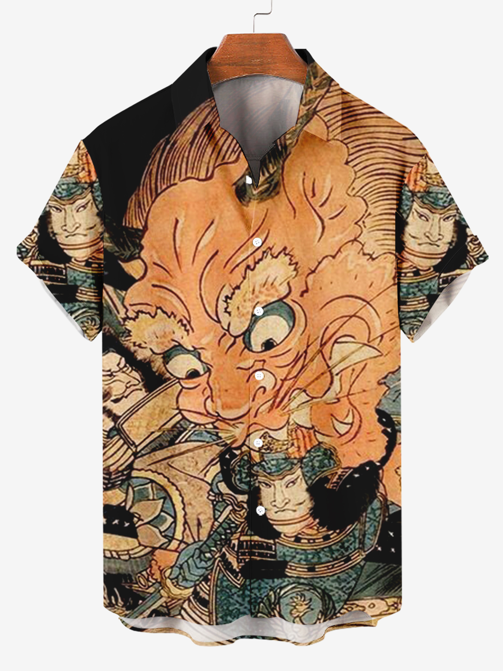 Men's Shirt Collar Yellow Mask Samurai Print Hawaiian Casual Short Sleeve Shirt PLUSCLOTHESMAN