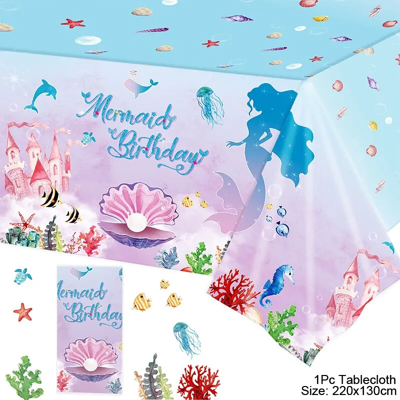 Mermaid Birthday Party Disposable Tableware Set Under The Sea Party Little Mermaid Girls 1st Birthday Decoration Shell Balloons