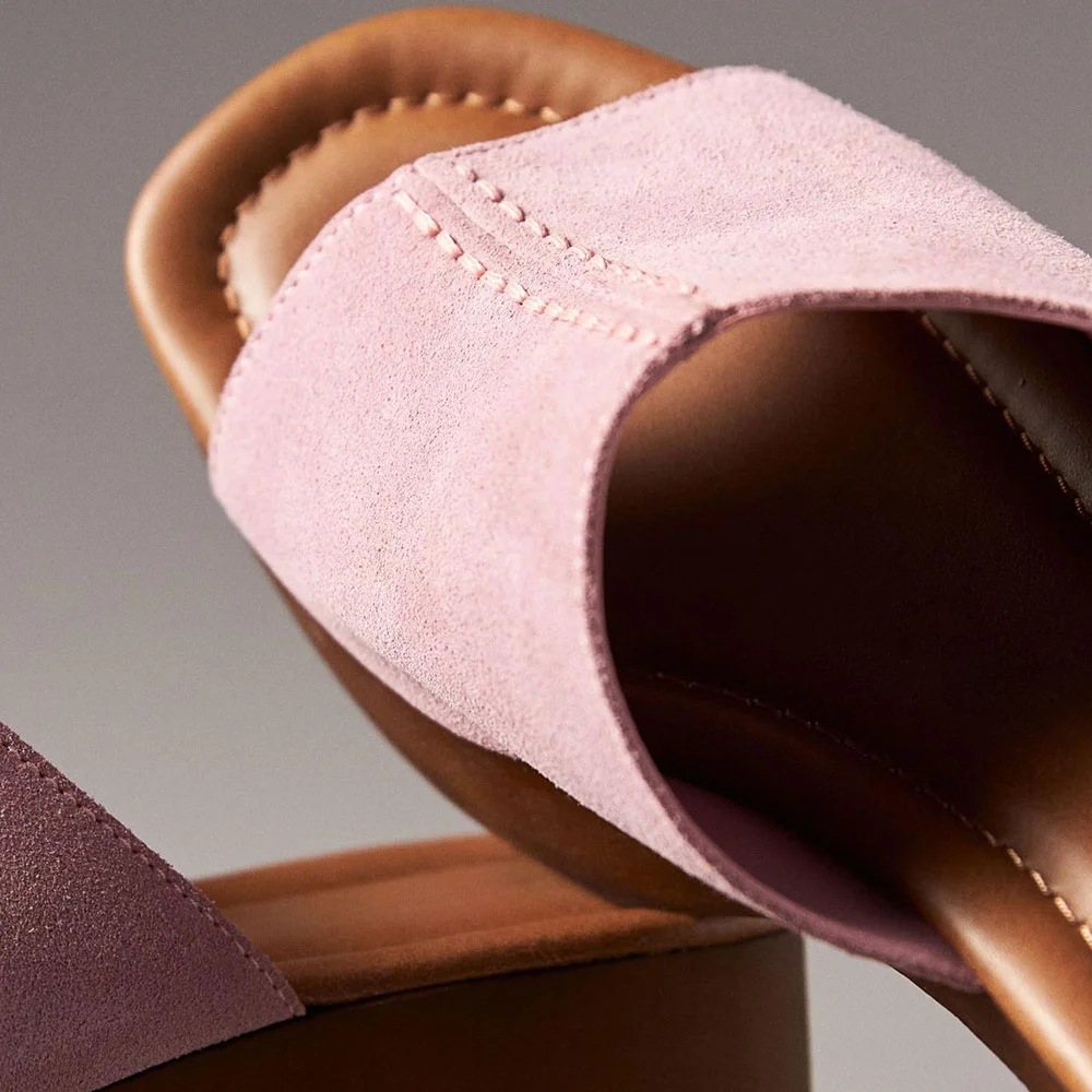 Pink Vegan Suede Chunky Heel Open-Toe Mules for Women with Platform