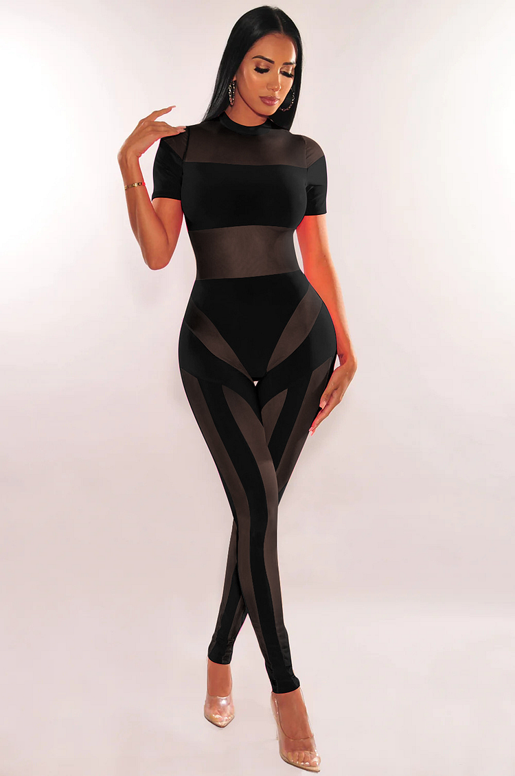 See Through Mesh Patchwork Short Sleeve Slim Fit Jumpsuit-Black