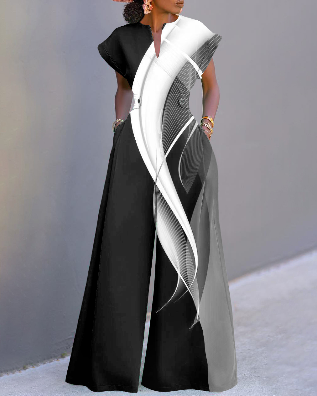 Simple Geometric Waves Print Neckline Batwing Sleeve Wide Leg Jumpsuit
