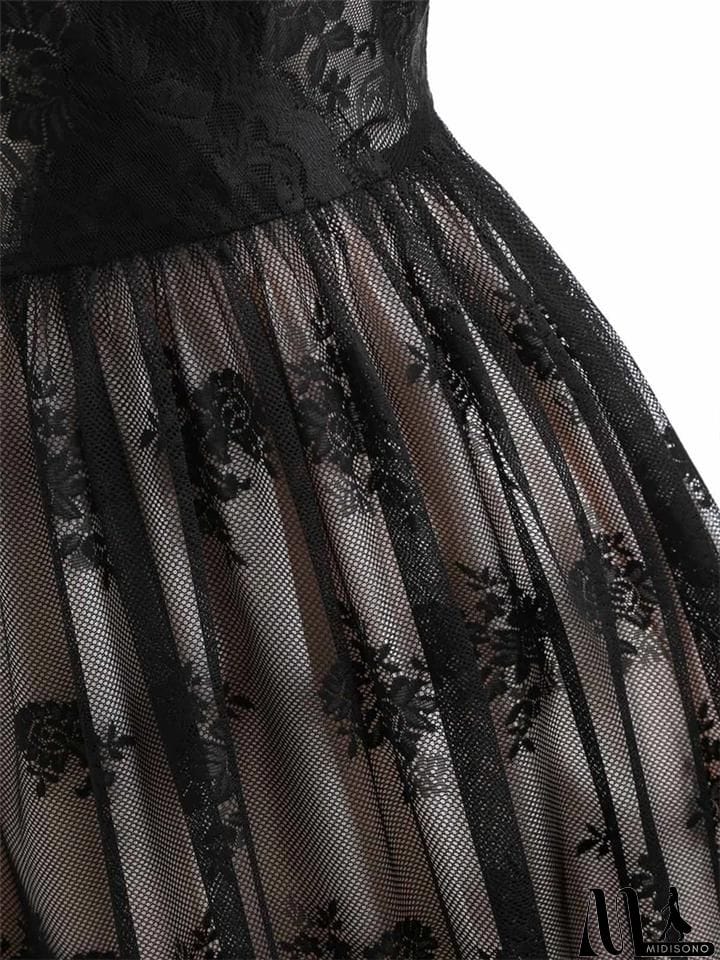 MidiSono - Black 1950S Feminine V Neck Lace Floral&nbsp;Swing Dress