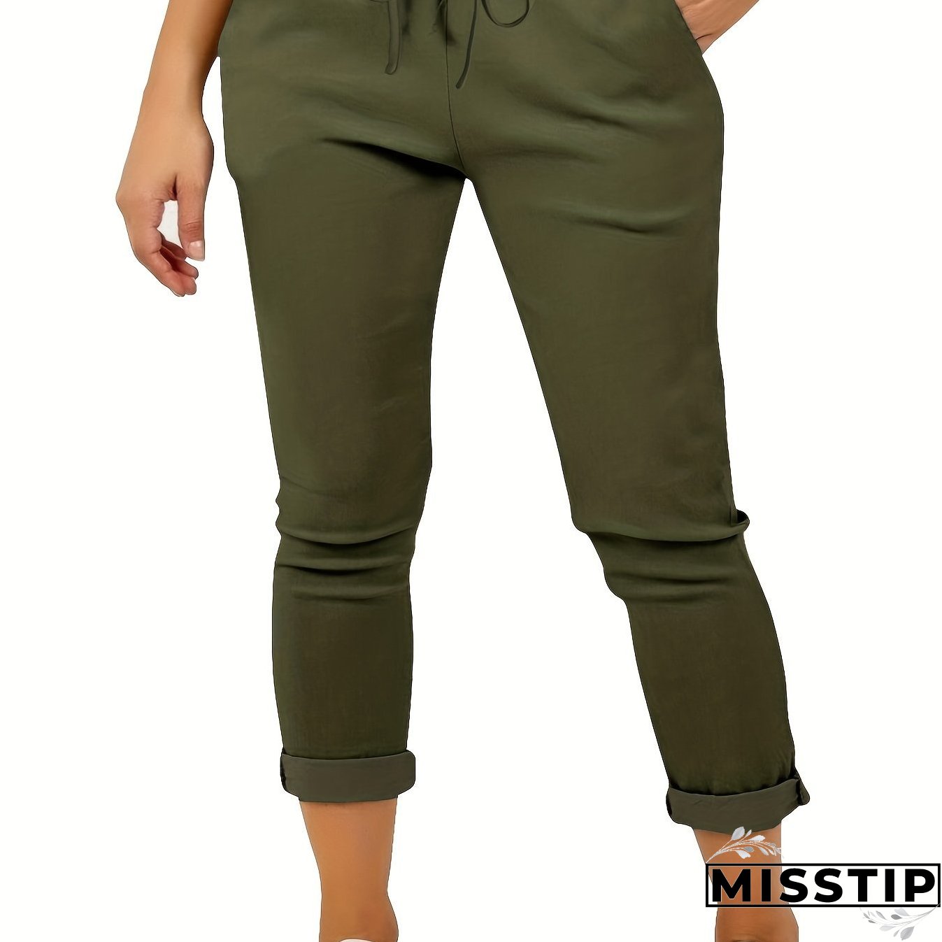Plus Size Casual Pants, Women's Plus Solid Drawstring Roll Up Hem Slight Stretch Pants
