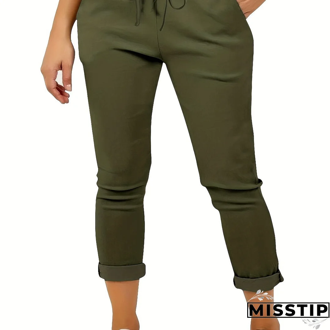 Plus Size Casual Pants, Women's Plus Solid Drawstring Roll Up Hem Slight Stretch Pants
