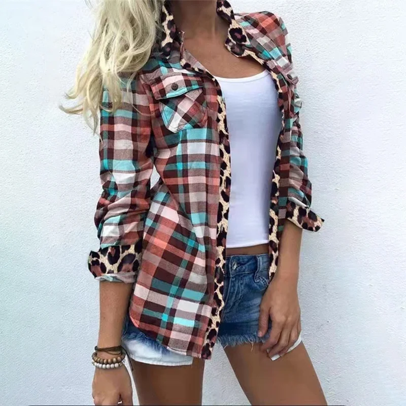 Vintage Check Paneled Leopard Print Casual Shirt