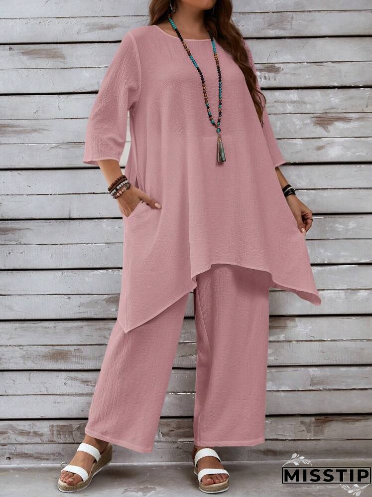 Plus Size Women's Summer Loose Fit Top With PocketsAnd Pants, Casual White Linen Set With Asymmetrical Hem And Three Quarter Sleeves
