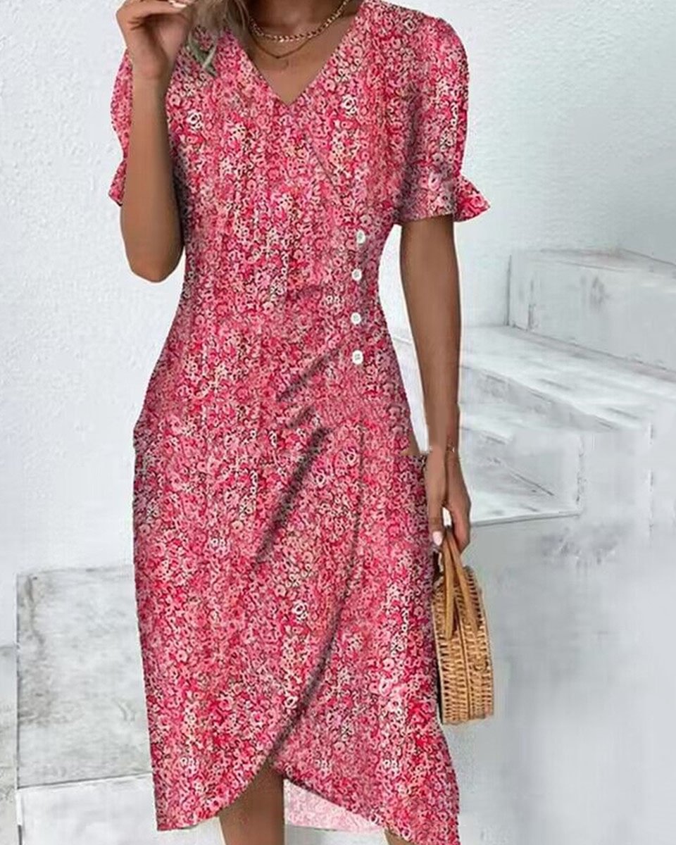 Fashion Print V Neck Short Sleeve Plus Size Dress