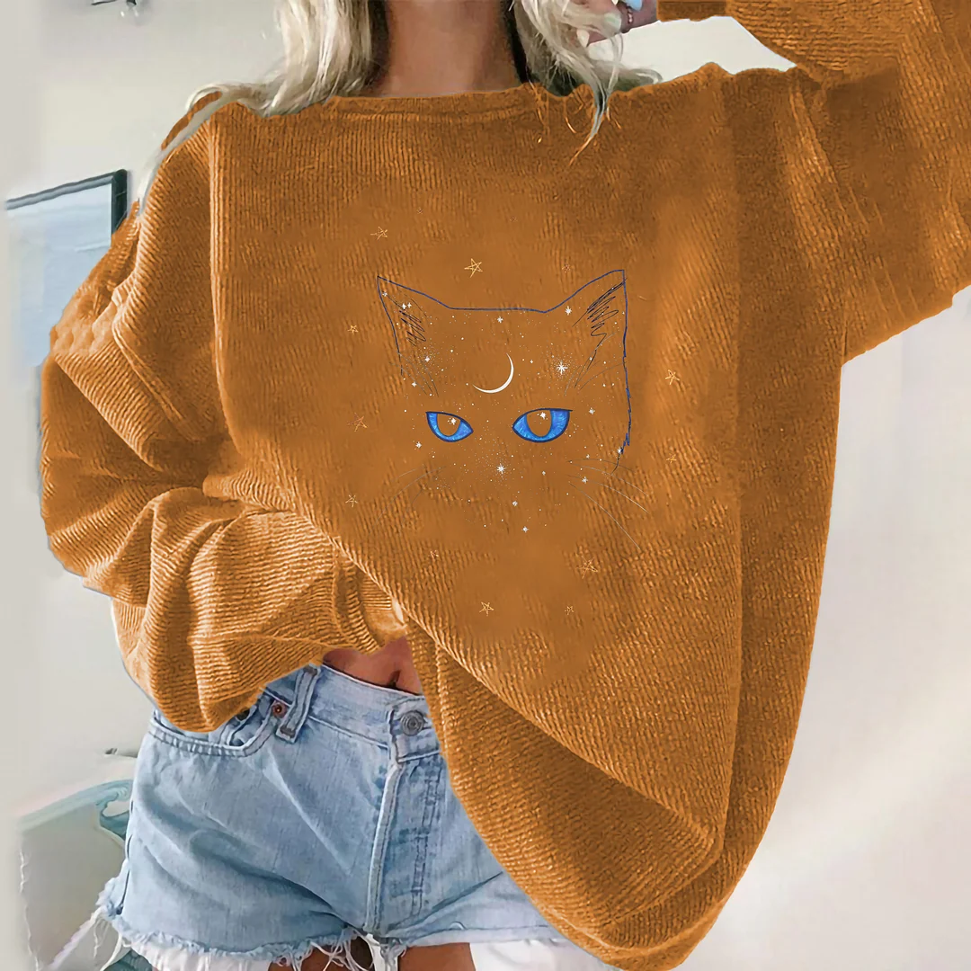   Blue Eyes Cat With Moon On Forehead Print Cozy Casual Sweatshirt - Neojana