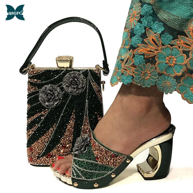 QSGFC New Arrival Fashionable Italian Shoes and Bag Sets Silver Color Women's Wedding Special Appliques for African Lady Sandals