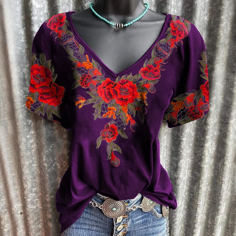 Classic red flower V-neck loose graphic tees