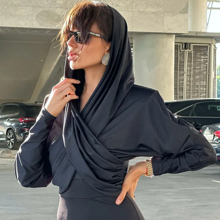 Churchf Churchf New Fashion Long Sleeve Cross Strap Design Sense Hood Crop Slim Top T-Shirt Women