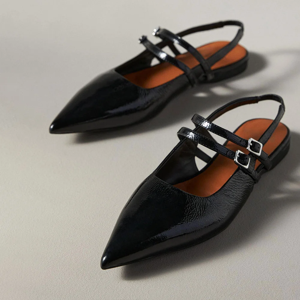 Black Vegan Leather Buckle Strap Slingback Pointed Toe Flats