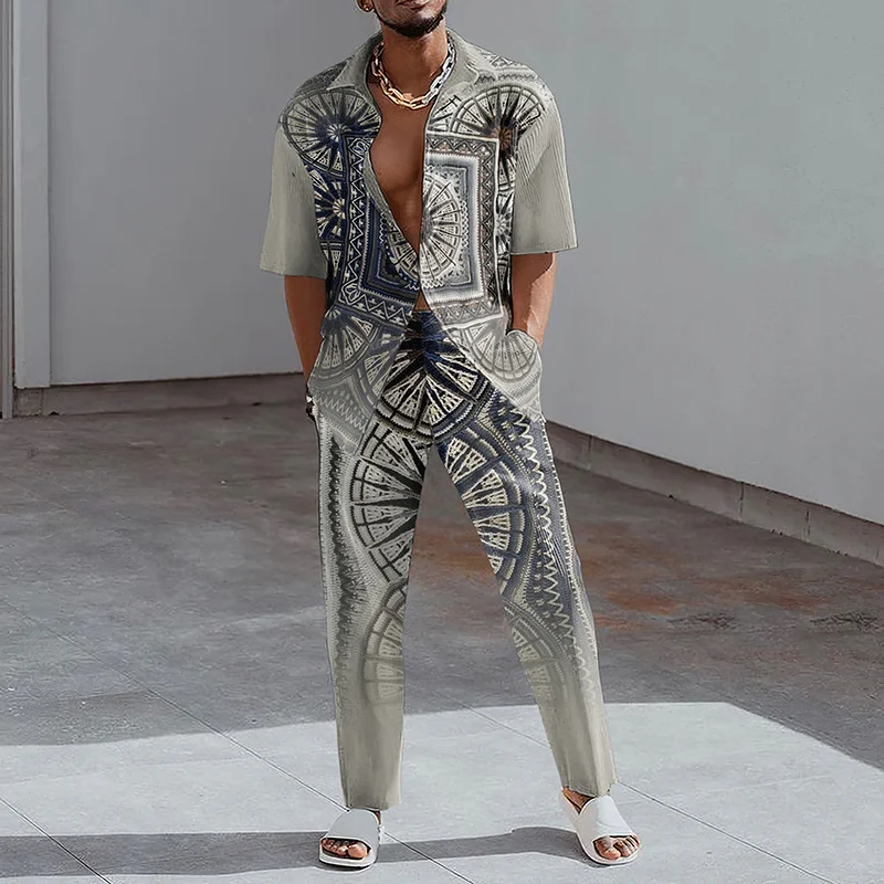 Stylish Asymmetrical Print Shirts And Pants Two Piece Set