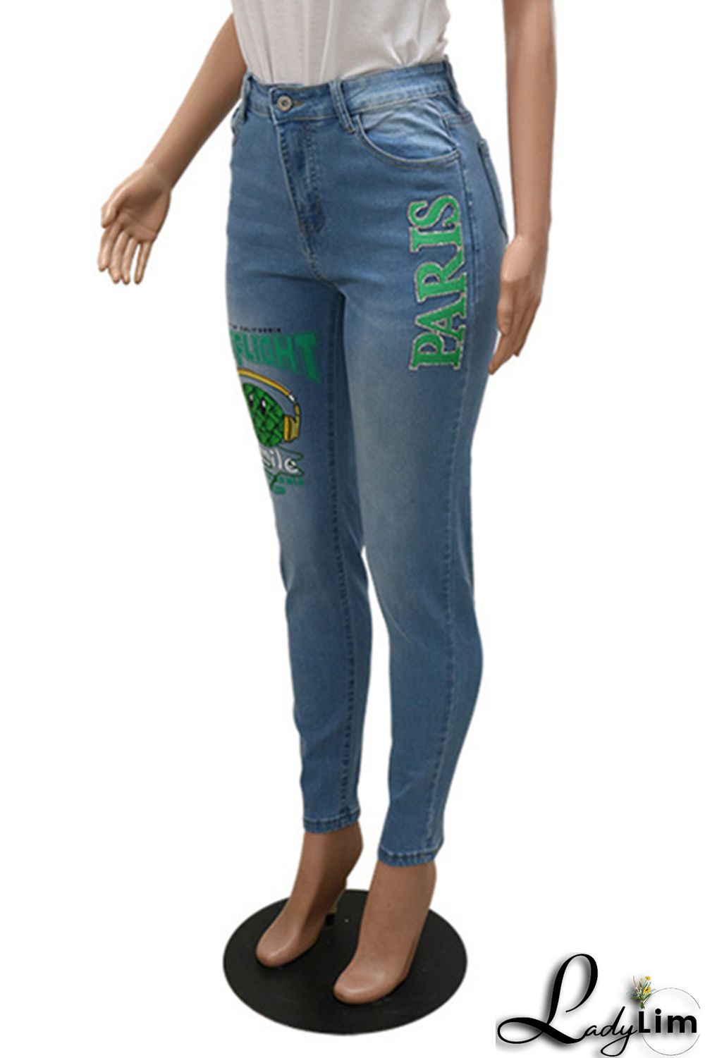 Black Fashion Casual Print Basic Mid Waist Skinny Denim Jeans