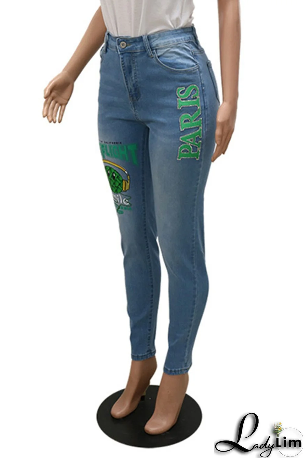 Black Fashion Casual Print Basic Mid Waist Skinny Denim Jeans