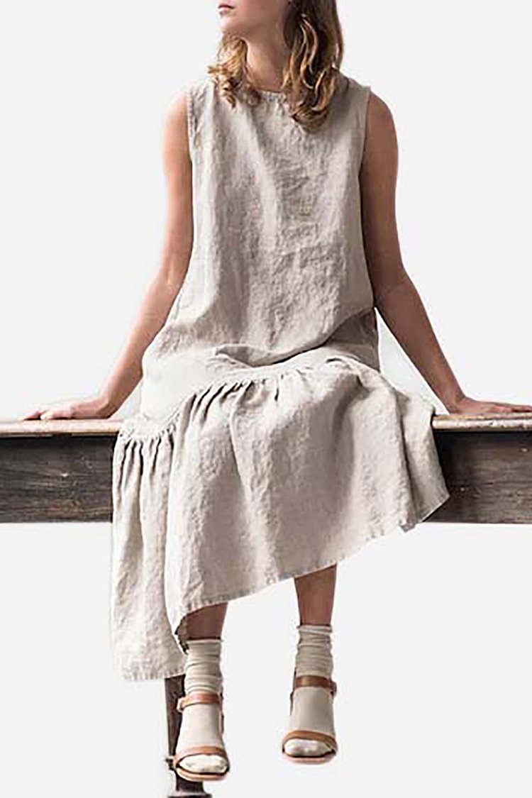 Sleeveless Patchwork Pleated Hem Casual Linen Midi Dress