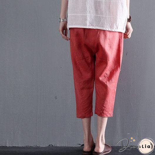 Orange pockets linen summer crop pants plus size