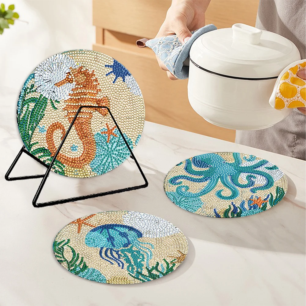 4pcs DIY Marine Life Wooden Diamond Painted Placemats for Dining Table Decor(15*15cm)