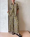 Linen Blend Vintage Print Blouse and Pants Two-Piece Set
