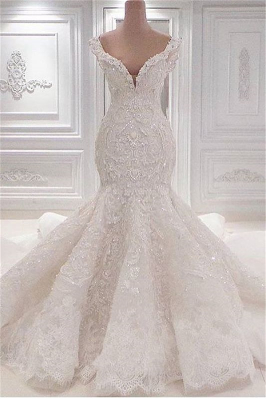 Dresseswow Off-the-Shoulder Mermaid Wedding Dress With Lace Appliques Online