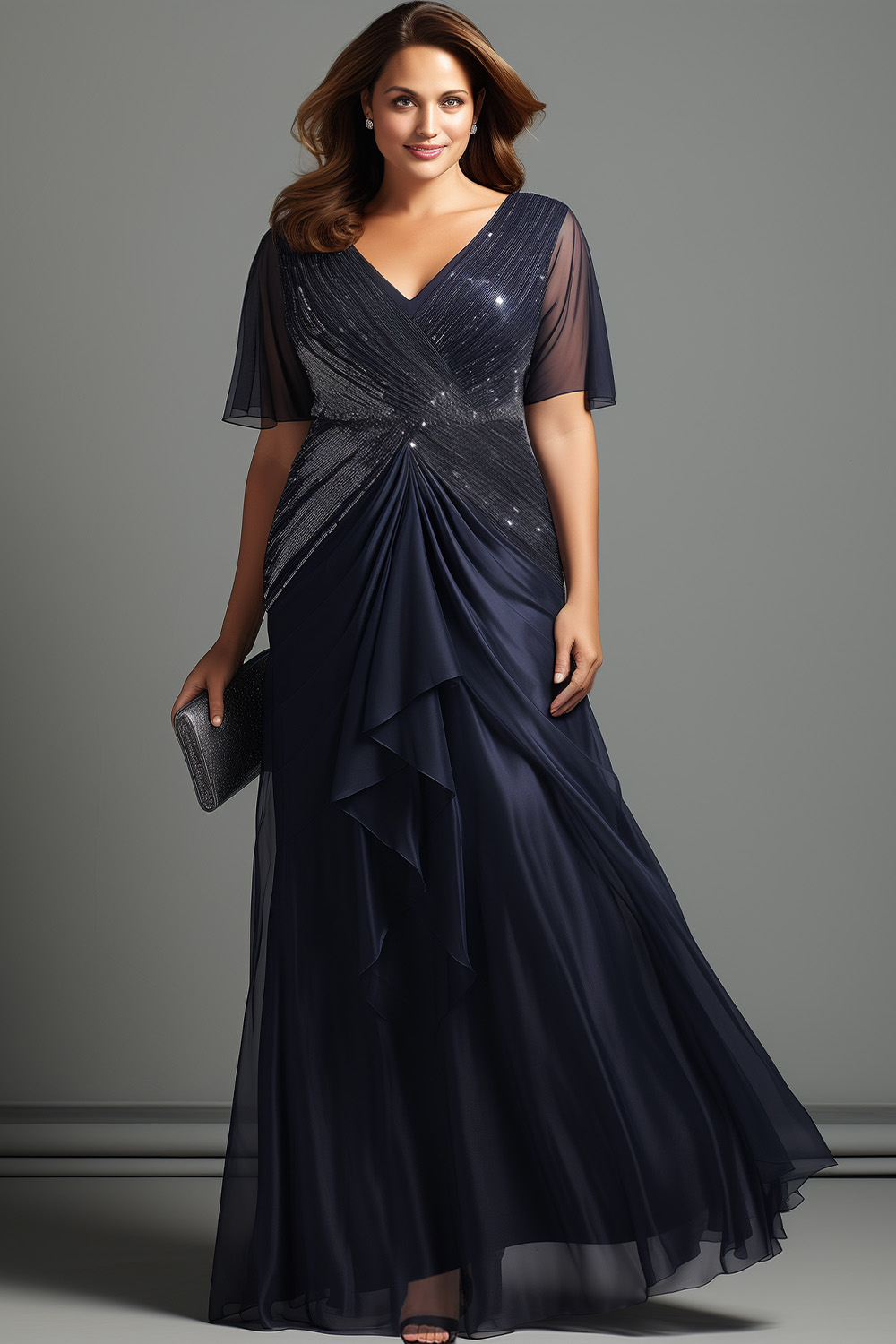 Flycurvy Plus Size Christmas Formal Navy Blue Chiffon Sparkly Irregular Hem Flutter Sleeve Maxi Dress