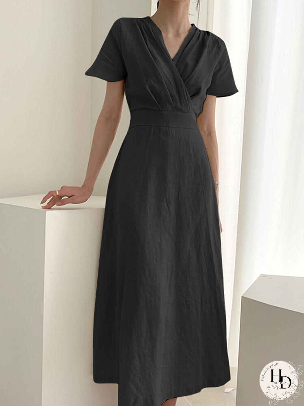 Solid Wrap V-neck Short Sleeve Casual Dress For Women