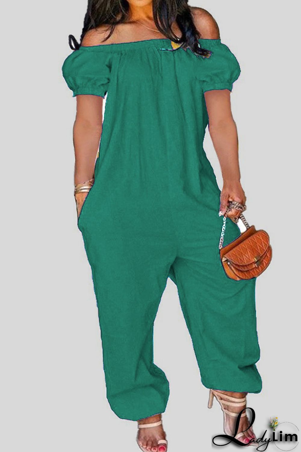 Tangerine Red Casual Solid Patchwork Off the Shoulder Loose Jumpsuits