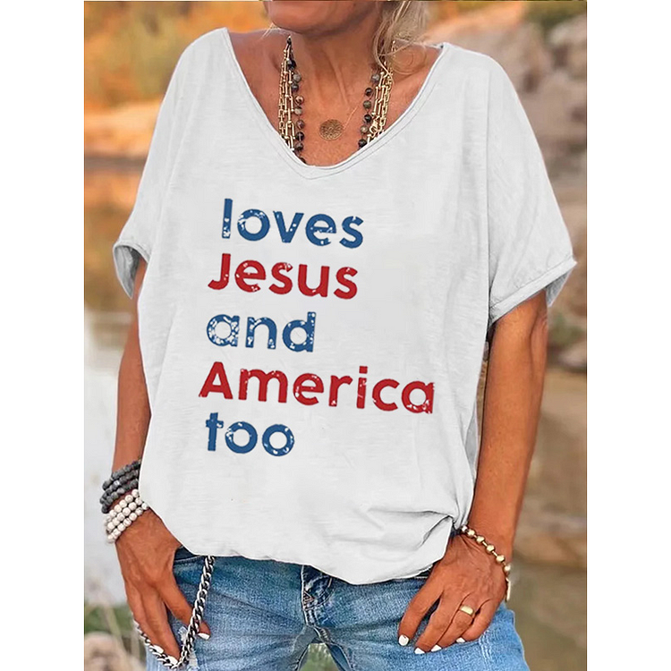Women's Loves Jesus And America Too Print V Neck T-shirt socialshop