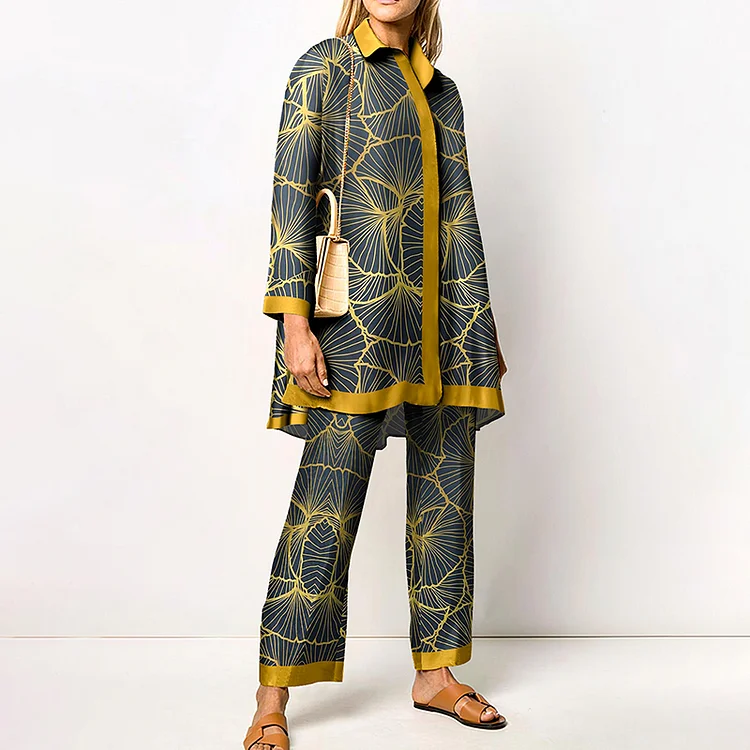 Lapel Gold Leaf Patchwork Two Piece Set