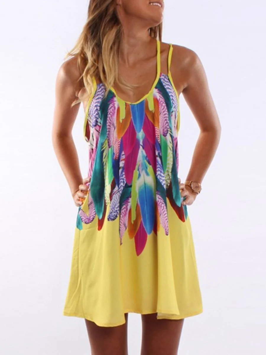 Round Neck Colorful Feather Printed Shift Dress