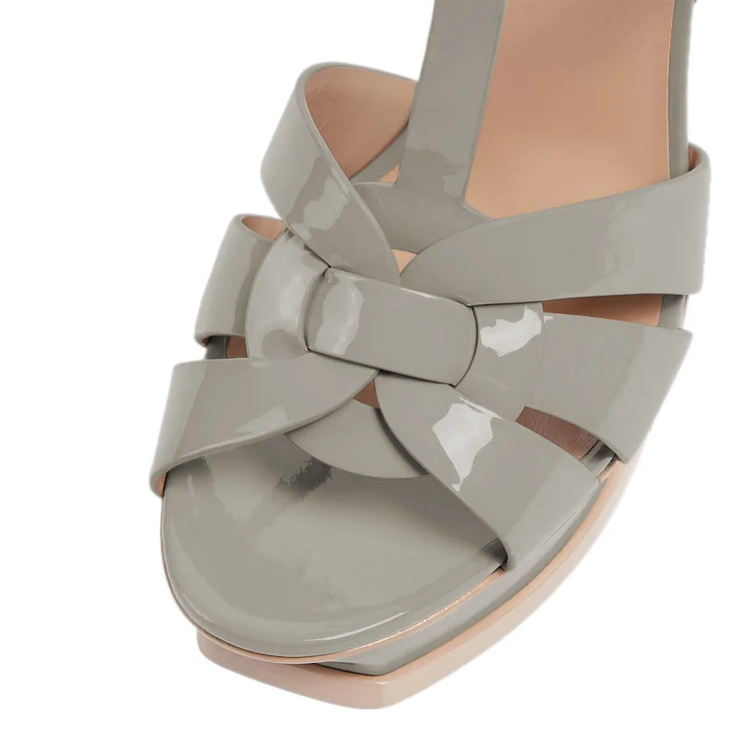 Grey Patent Leather Open Round Toe Platform High Heels Sandals