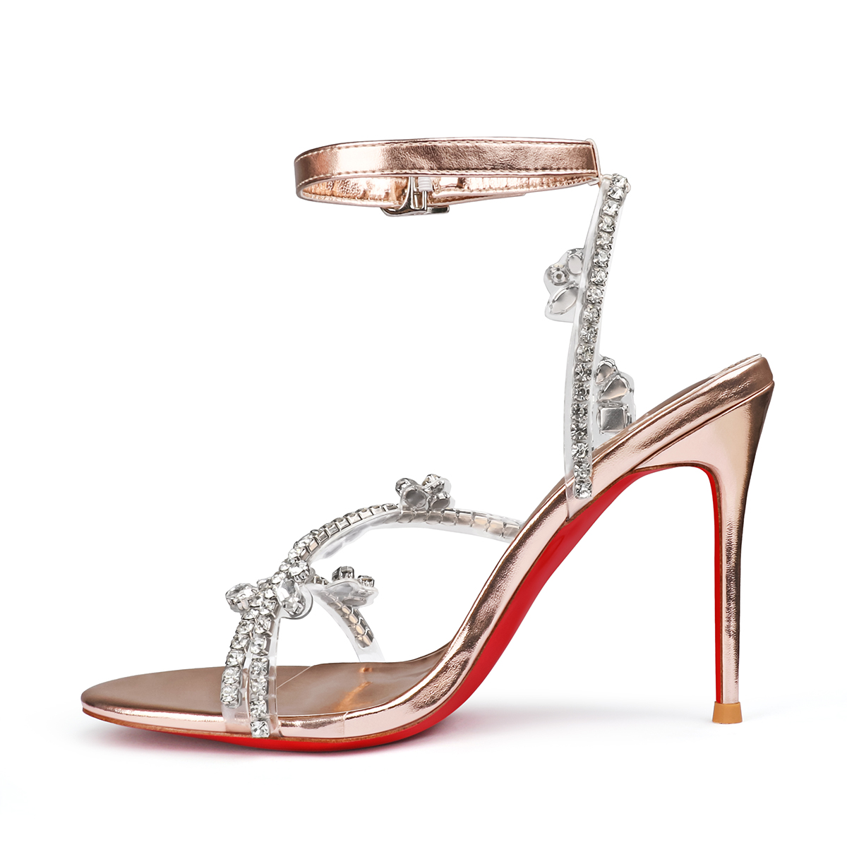 100mm Spotlight Wavy Straps Red Bottom Stilettos Rhinestones Sandals -MERUMOTE