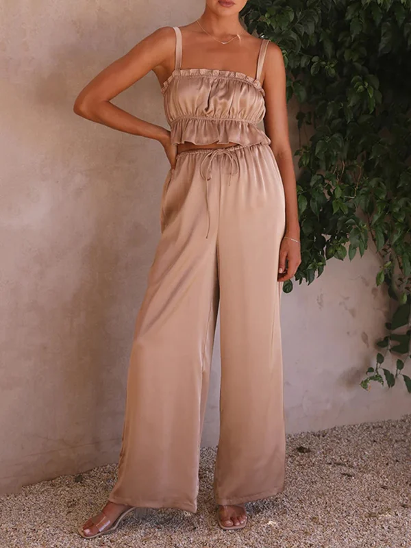 Elasticity Pleated Solid Color Spaghetti-Neck Tops + High Waisted Drawstring Pants Trousers Two Pieces Set