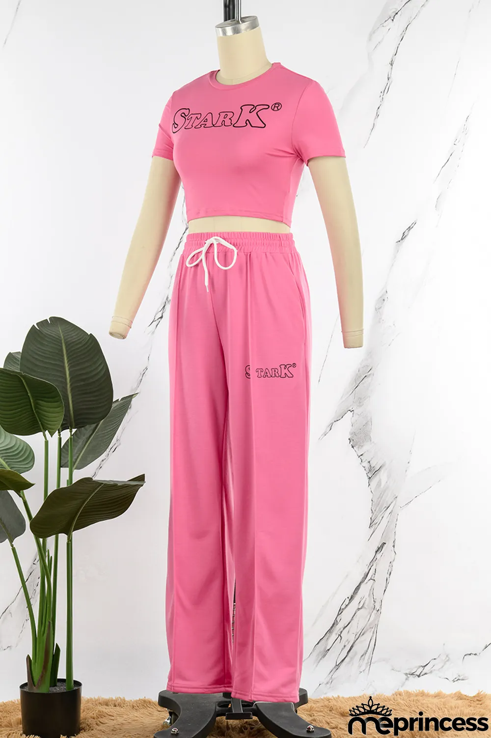 Rose Red Casual Print Patchwork O Neck Short Sleeve Two Pieces