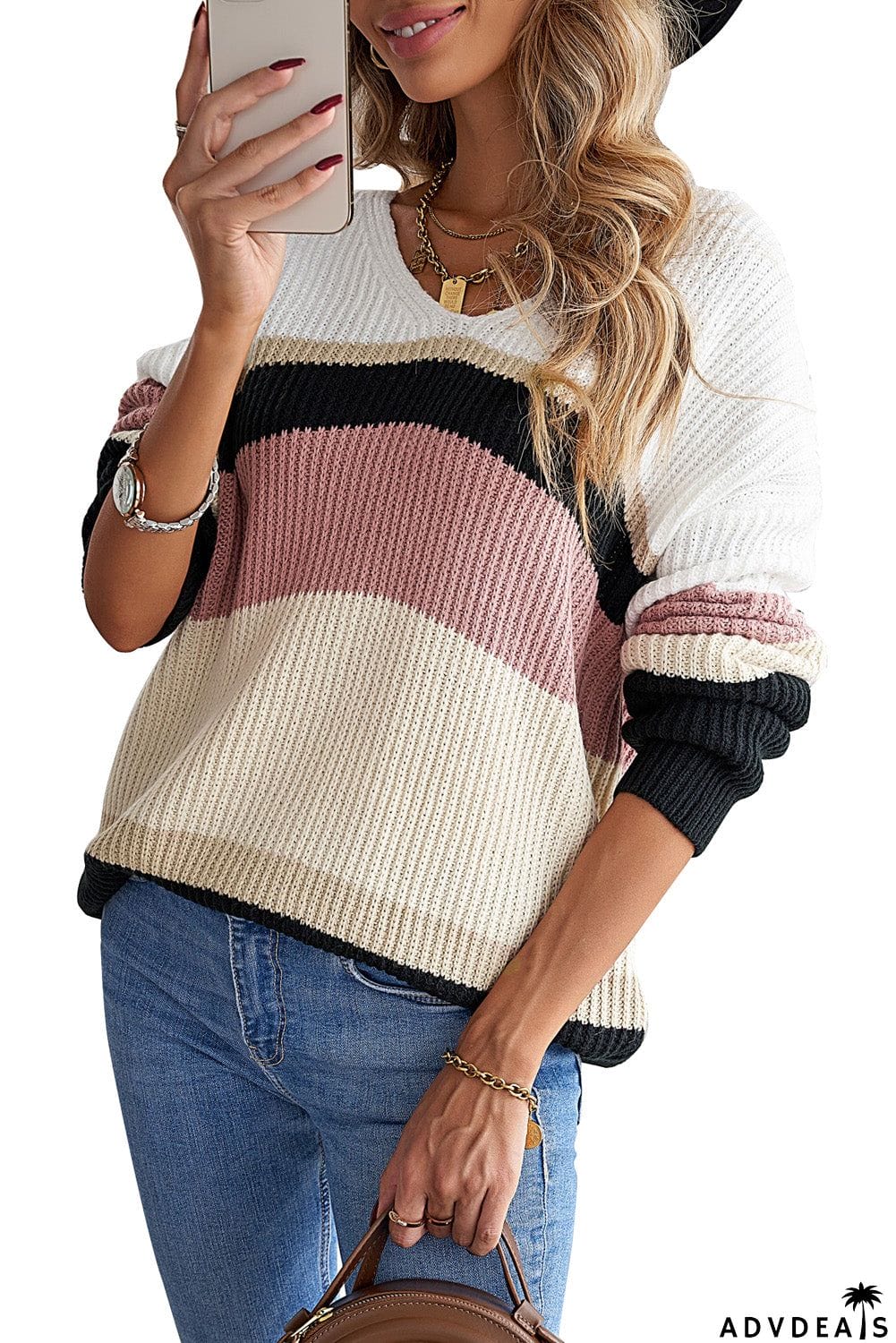 Khaki Colorblock V Neck Ribbed Knitted Sweater