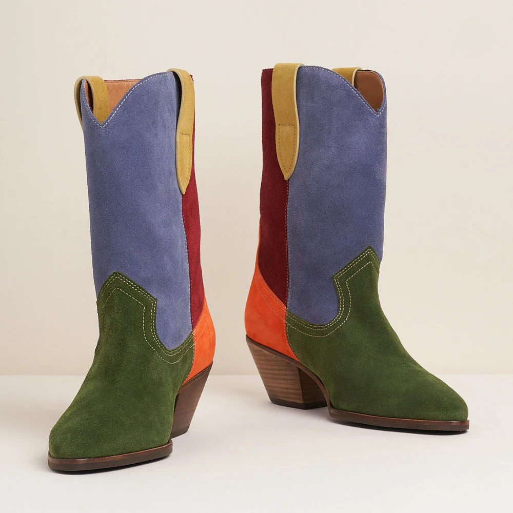 Colorful Faux Suede Pointed Toe Mid-Calf Block Heeled Cowgirl Boots Nicepairs
