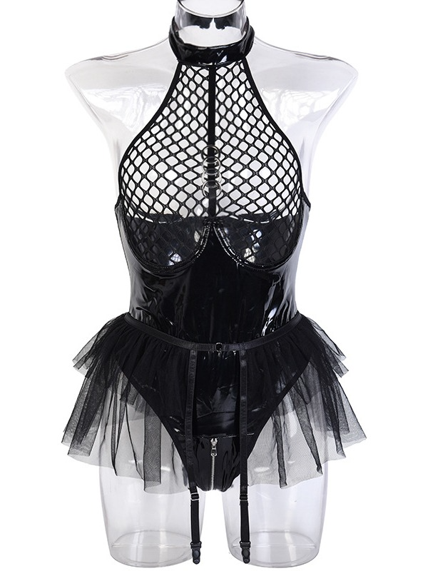 Gothic Dark Paneled Mesh Halter Bodysuit