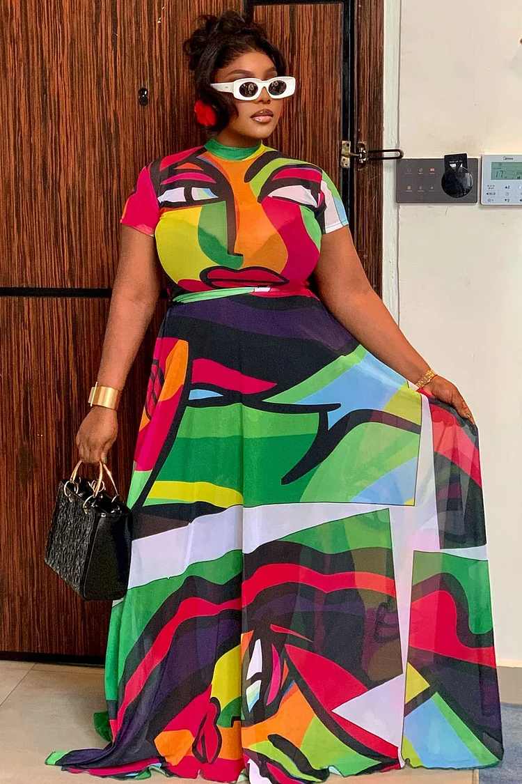 Abstract Painting Print Mesh Short Sleeve Maxi Dresses-Multicolor [Pre Order]