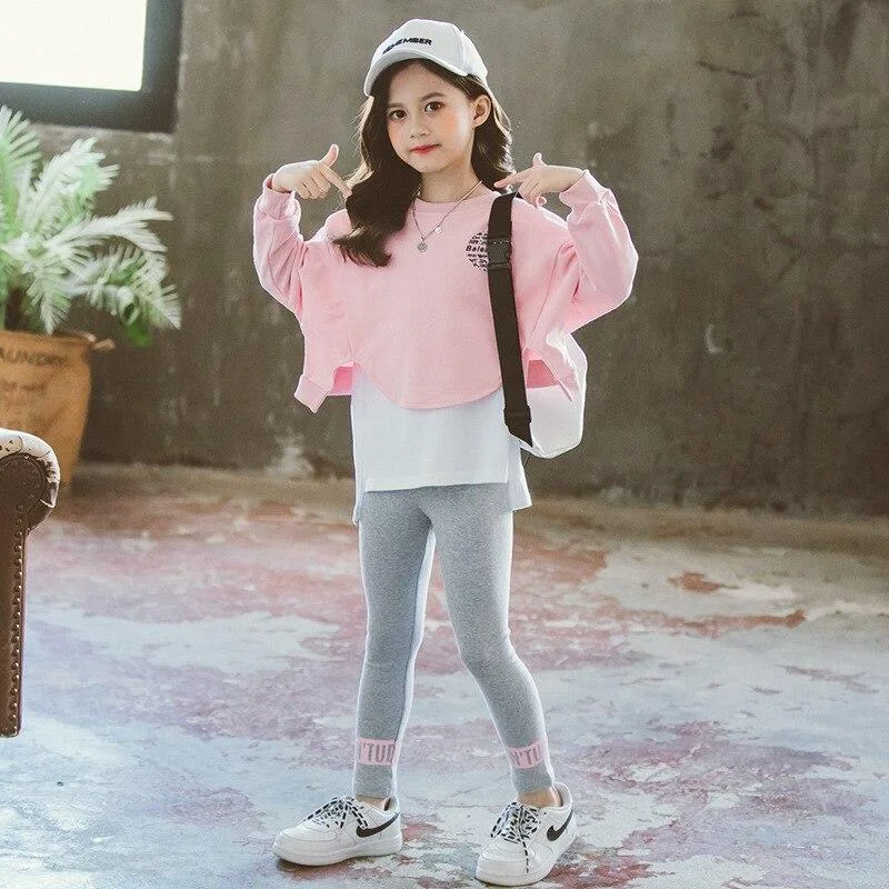 Teenage Letters Spring Autumn Warm Children Girls Suit Sweater Jeans 2Pcs/Sets Blue Clothing Kids Sport School High Quality