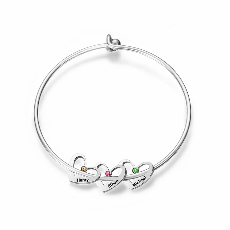 Personalized Heart Bangle With 3 Names and Birthstones Bangle Bracelet Mother's Day Gifts For women