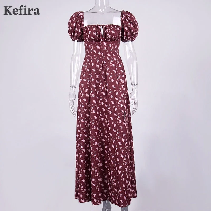 Kefira Sexy Floral Print Dress Women Short Puff Sleeve Ruched Drawstring Sundress Elegant High Split Vintage Casual Maxi Dresses