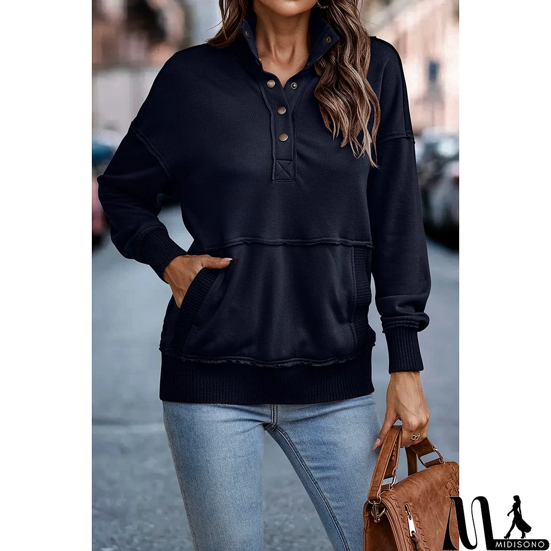 MidiSono - Chic Collared Block Button-Up Sweater