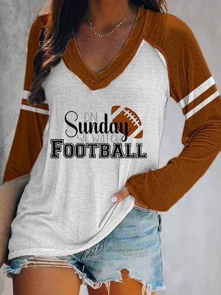 Women's SUNDAY FOOTBALL Print Double Layer V-Neck Long Sleeve T-Shirt socialshop
