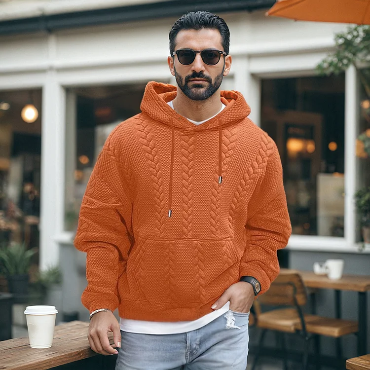 Casual Solid Twist Knit Pocket Drawstring Hoodie 