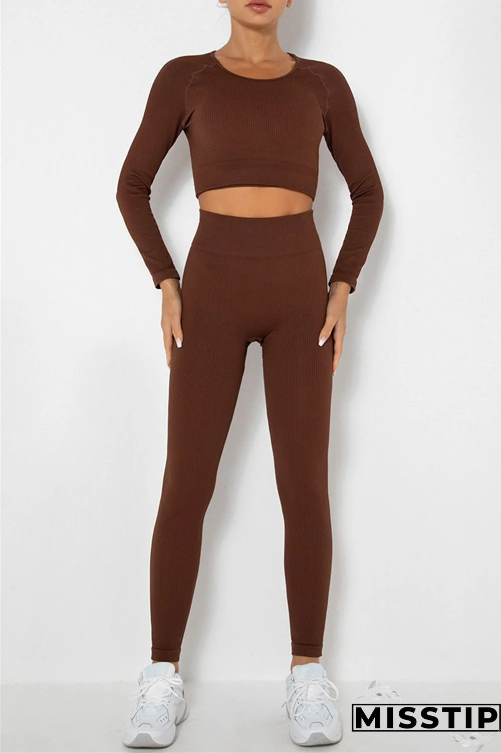 Coffee Casual Sportswear Solid Basic O Neck Long Sleeve Two Pieces