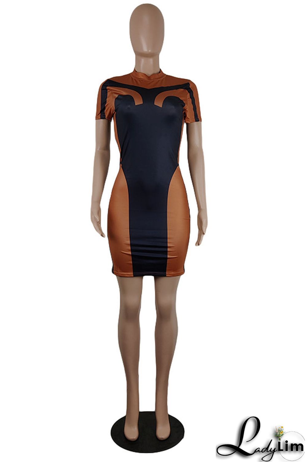 Brown Fashion Casual Patchwork Basic O Neck Short Sleeve Dress Dresses