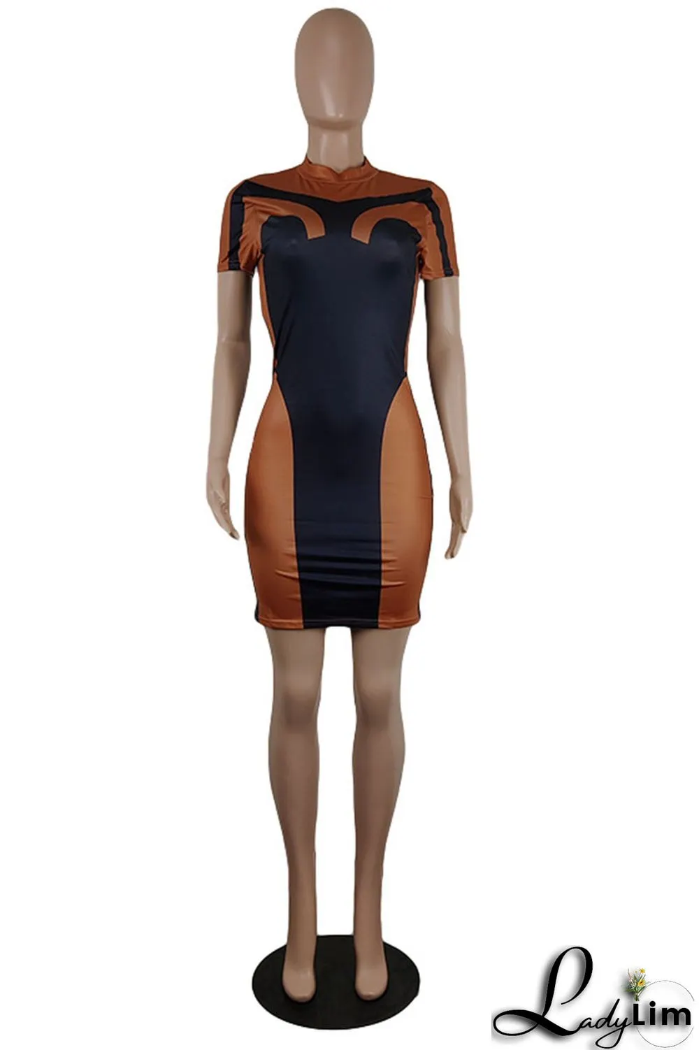 Brown Fashion Casual Patchwork Basic O Neck Short Sleeve Dress Dresses