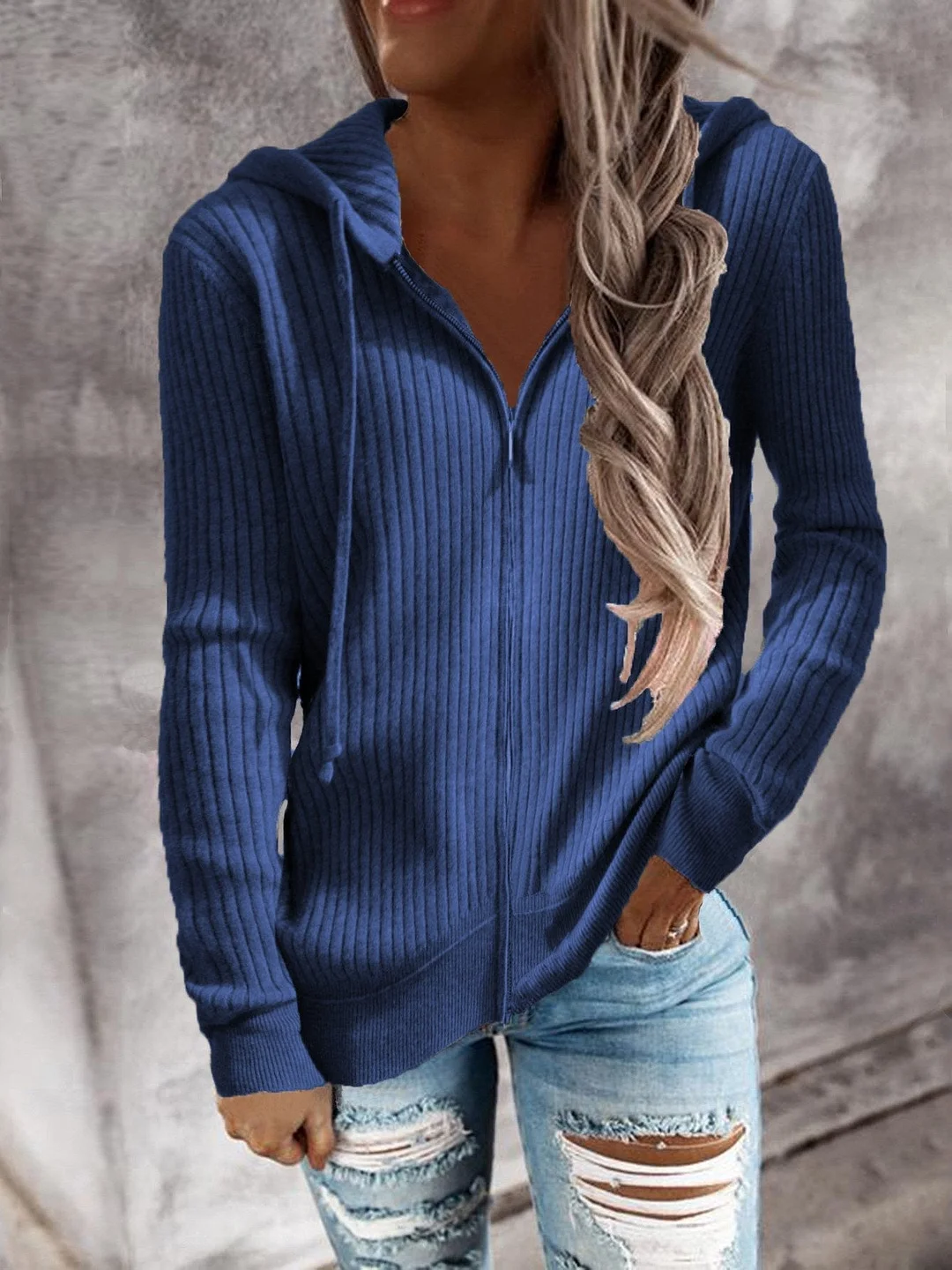 Women's Zipper Long Sleeve V-neck Hooded Sweater
