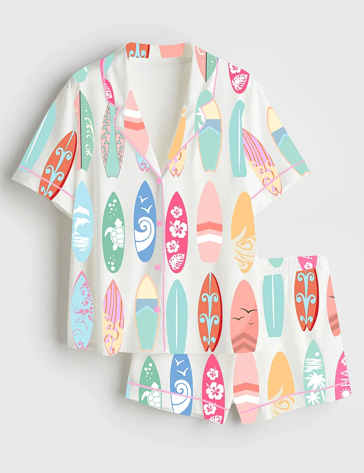 Women&rsquo;s Surfboard Ocean Wave Summer Beach Sports Surfer Woman Print Short Sleeve Satin Pajama Set